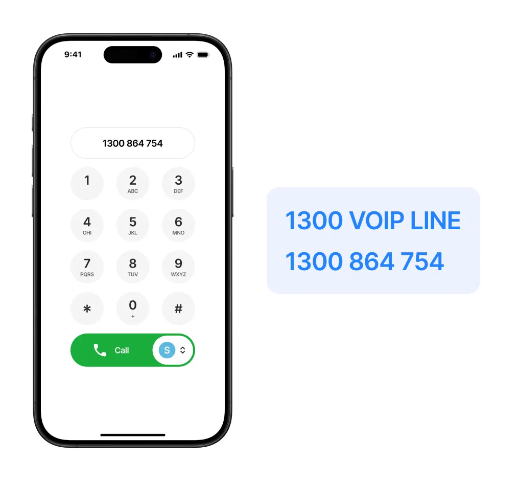 1300 VOIP LINE phoneword shown as the dialled number 1300 864 754