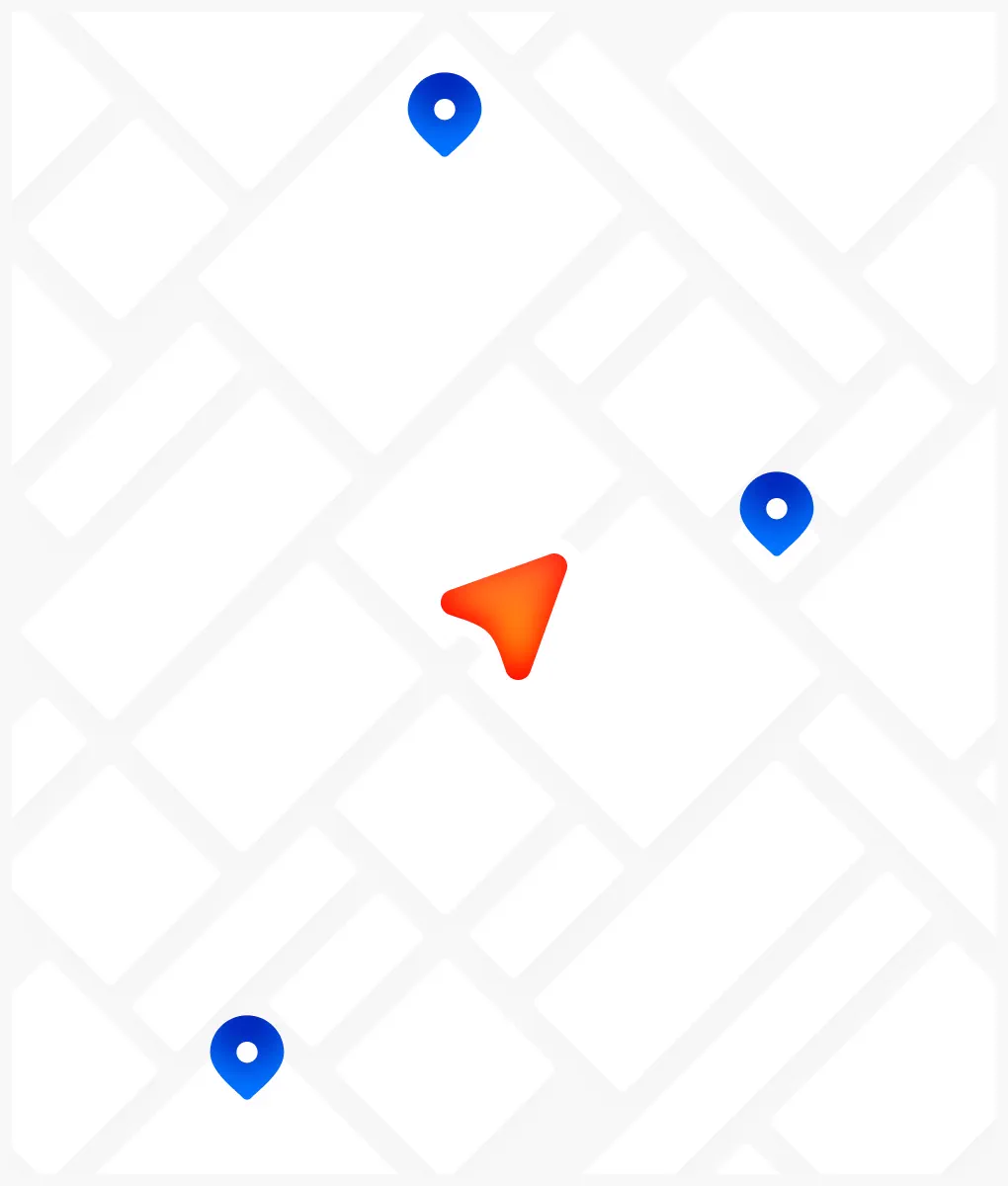 Map with three location markers and a navigation arrow, illustrating location-based call routing