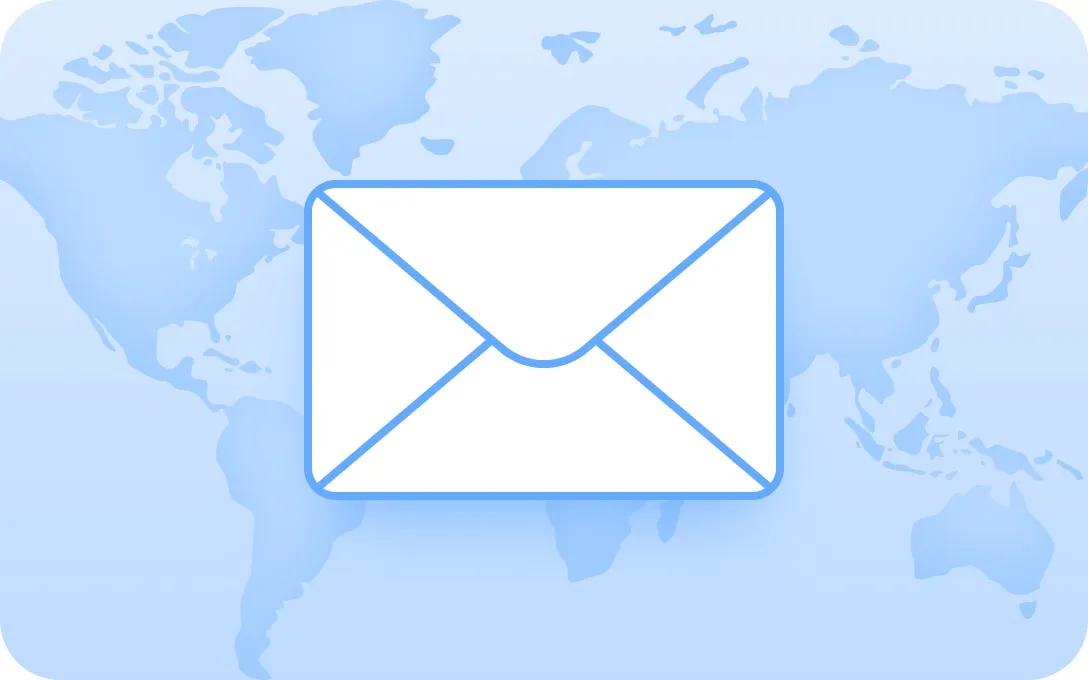 Envelope over a world map, illustrating SMS messaging over the internet