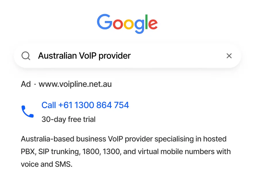 Example Google search ad for VoIPline with a click-to-call phone number