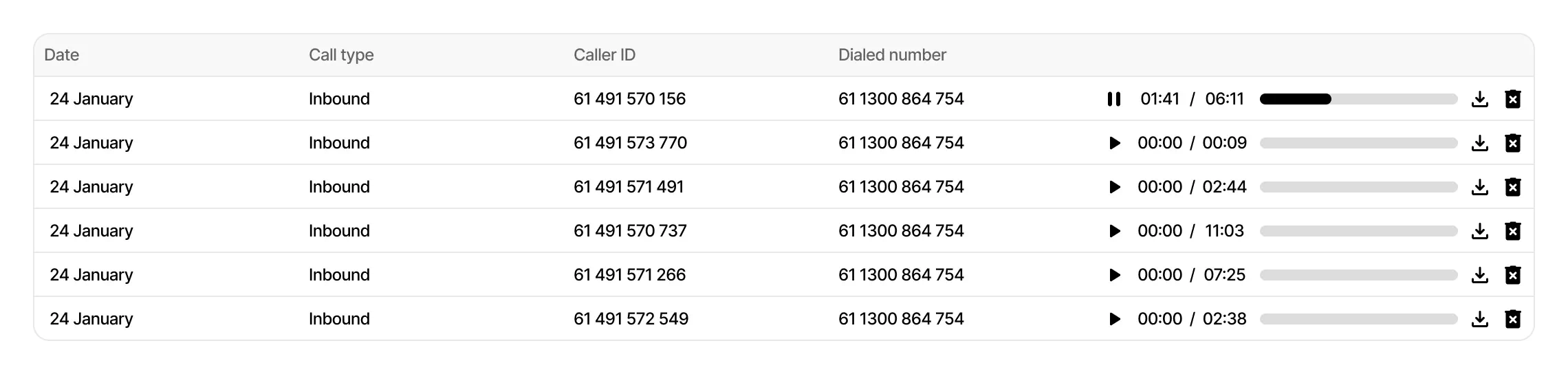 Call recordings report listing call dates, caller details, playback controls and download options
