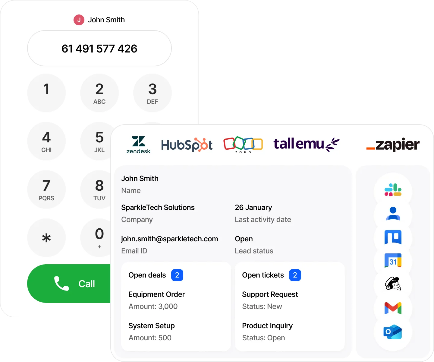 Webphone dialler with CRM caller details, open deals and support tickets