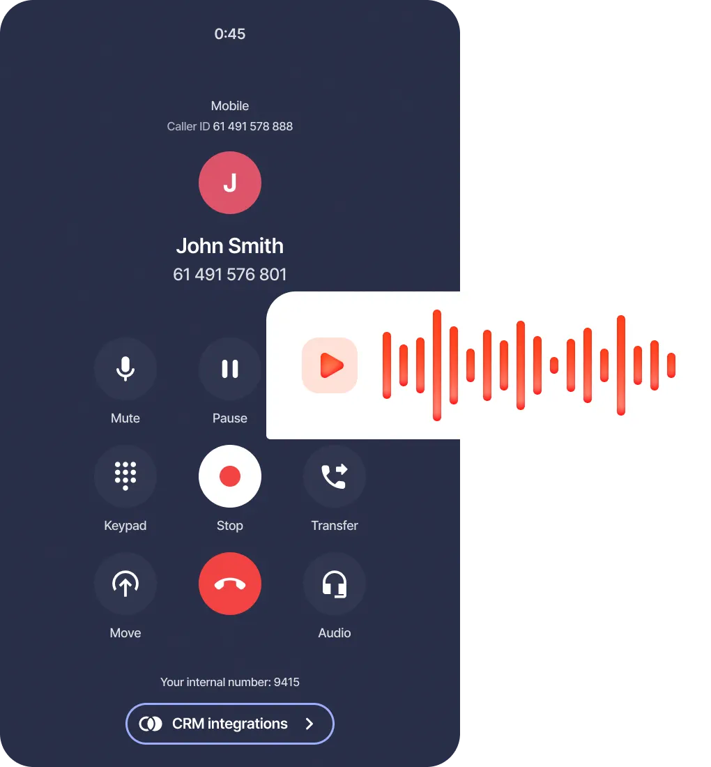VoIPline Webphone active call with a call recording control and an audio waveform
