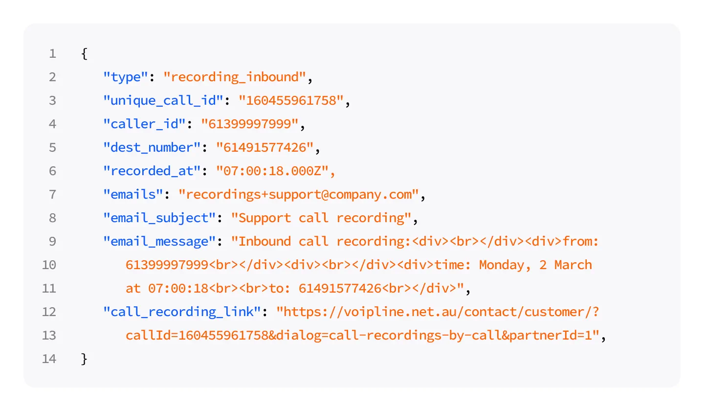 Call recording webhook payload with call details and a link to the recording