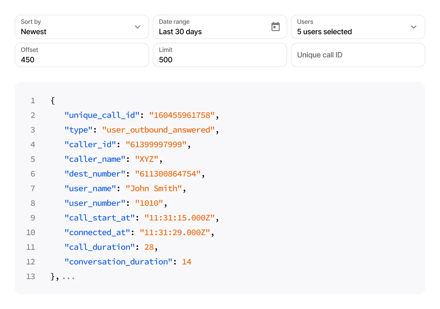 VoIPline API call report with date and user filters and a sample JSON response