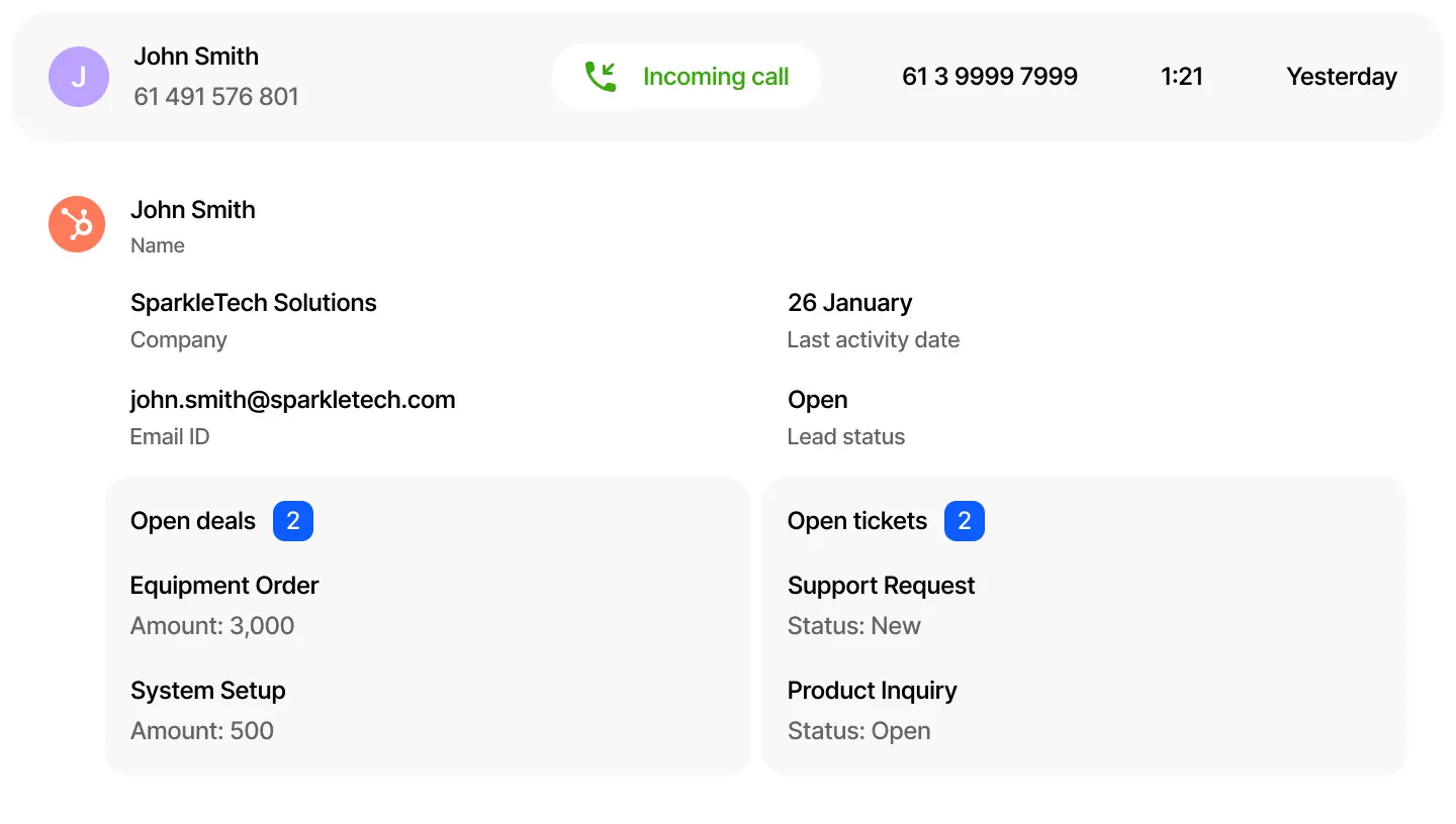 CRM contact details, open deals and support tickets linked to a Webphone call