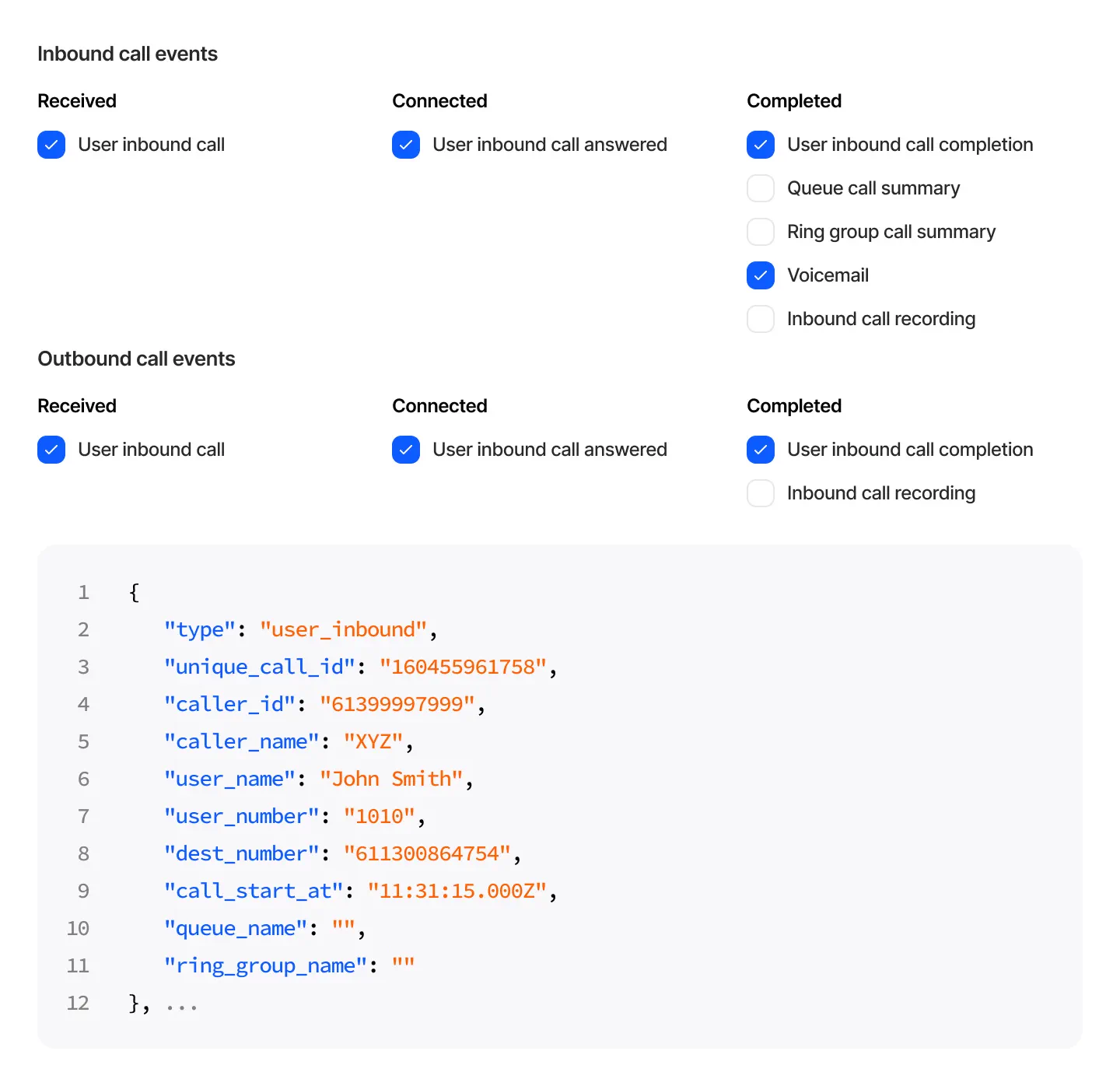 Webhook configuration with call event triggers and a sample JSON payload