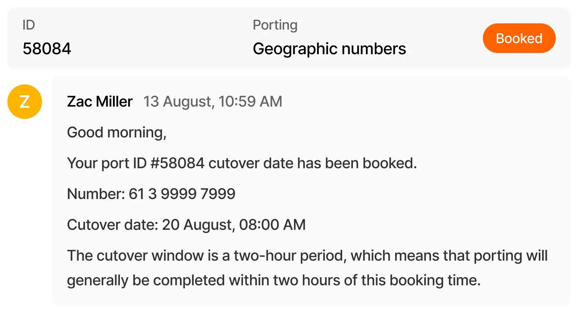 Number porting request in the customer portal with booked status and a message confirming the scheduled transfer