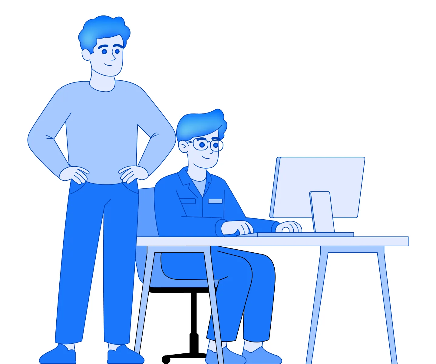 Two colleagues at a desktop computer, illustrating VoIPline's partner network