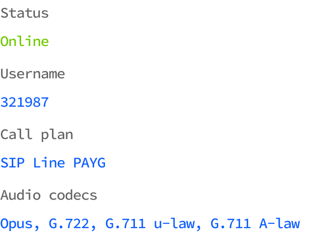 SIP registration settings showing connection status, account details and supported audio codecs