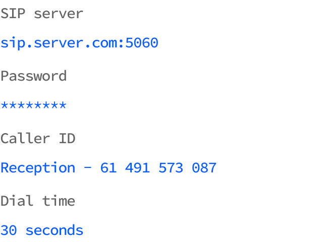 SIP registration settings for the server, masked password, caller ID and dial time