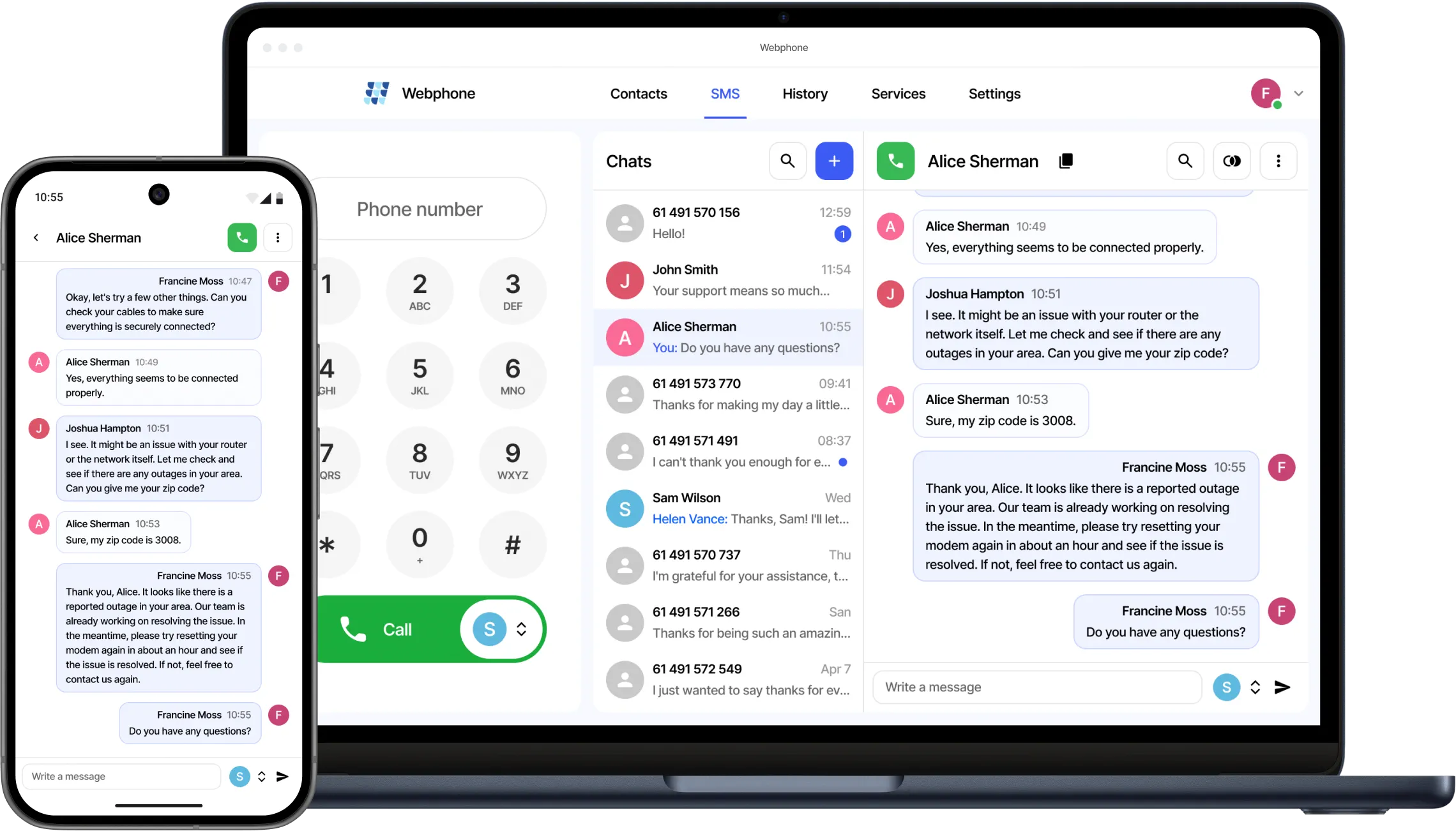 VoIPline Webphone displaying SMS conversations and a dial pad on desktop and mobile