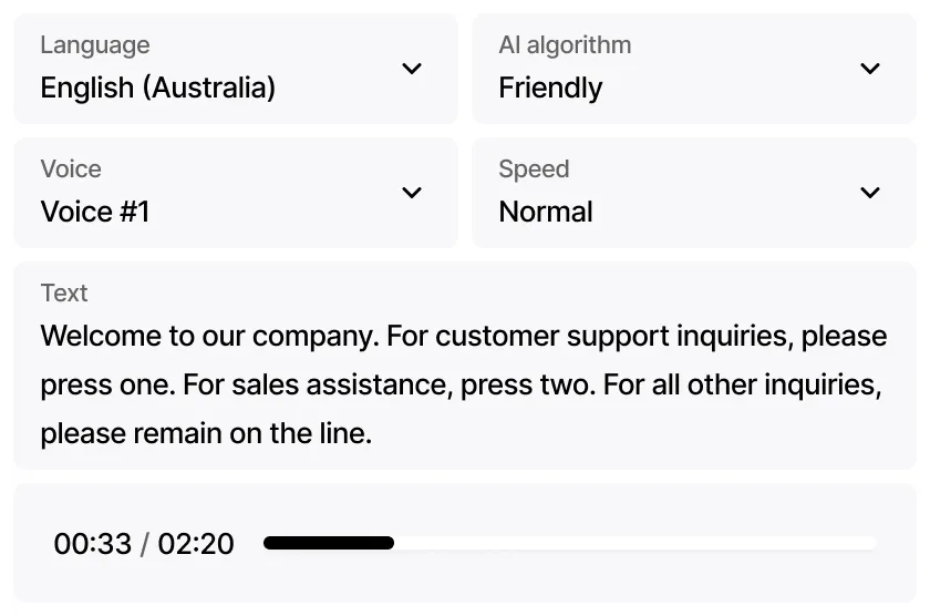 AI voice greeting generator with language, voice and speed settings and an audio preview