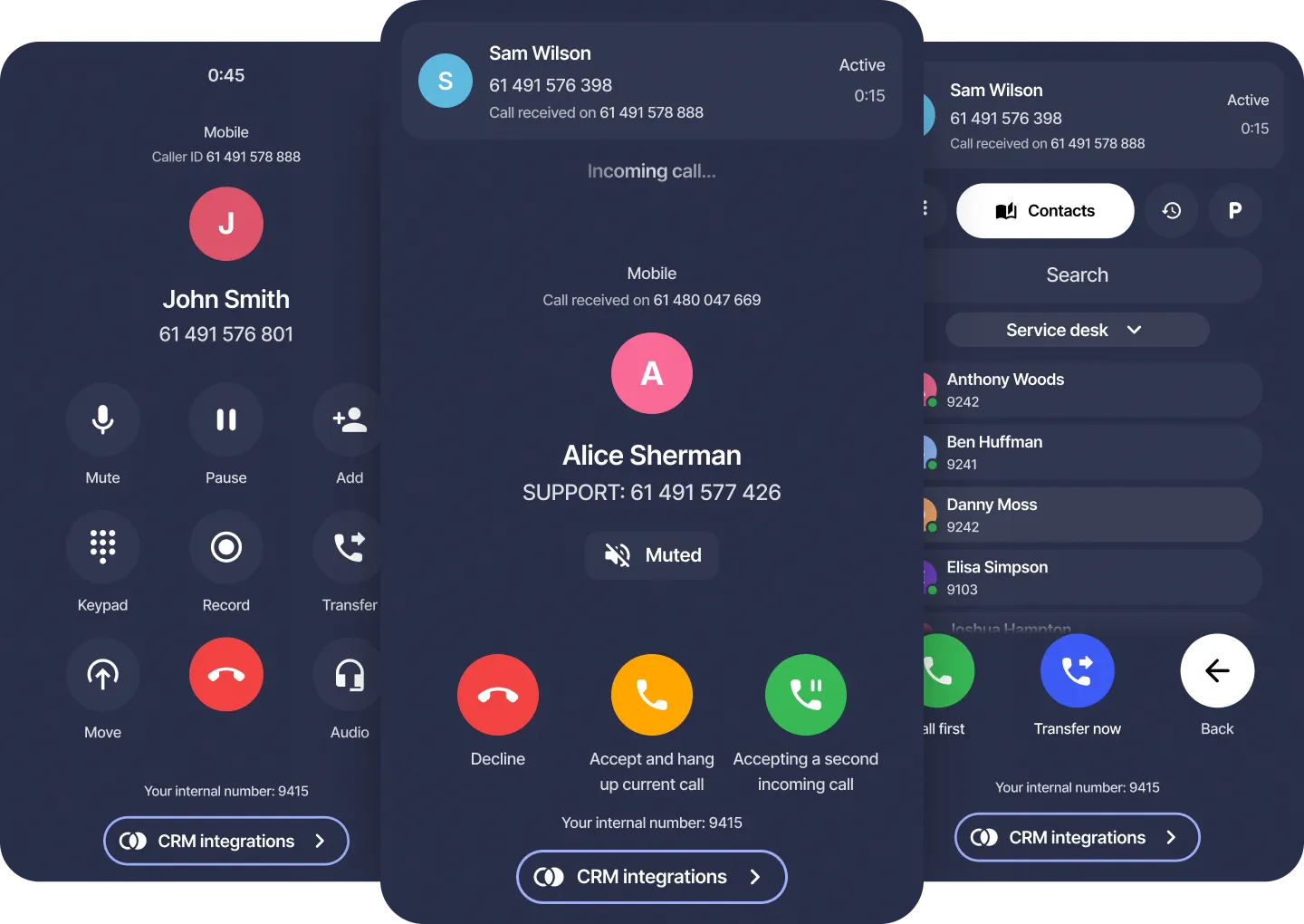 Webphone screens for incoming calls, active call controls and call transfers