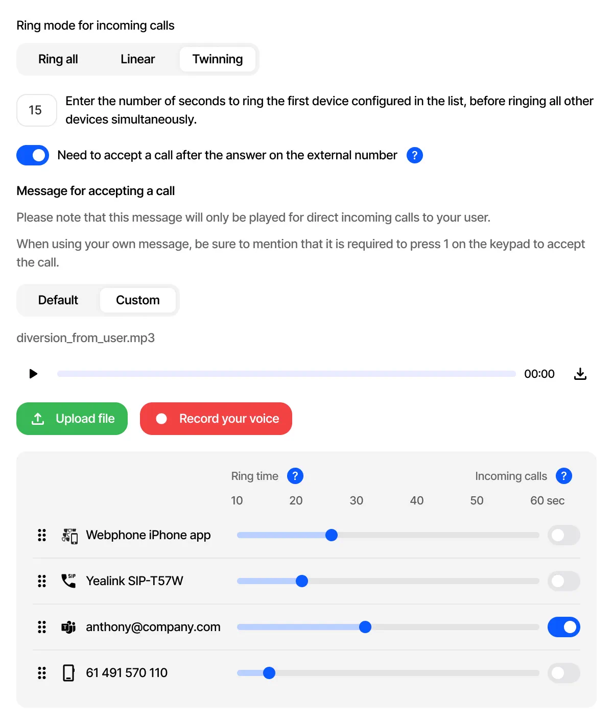 Webphone device settings with ring modes, a call acceptance greeting and per-device incoming call controls