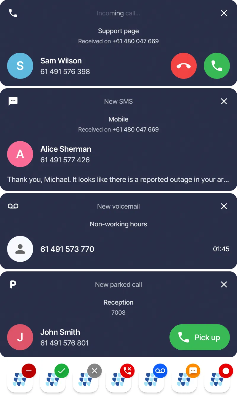 Webphone desktop notifications for calls, SMS, voicemail and parked calls
