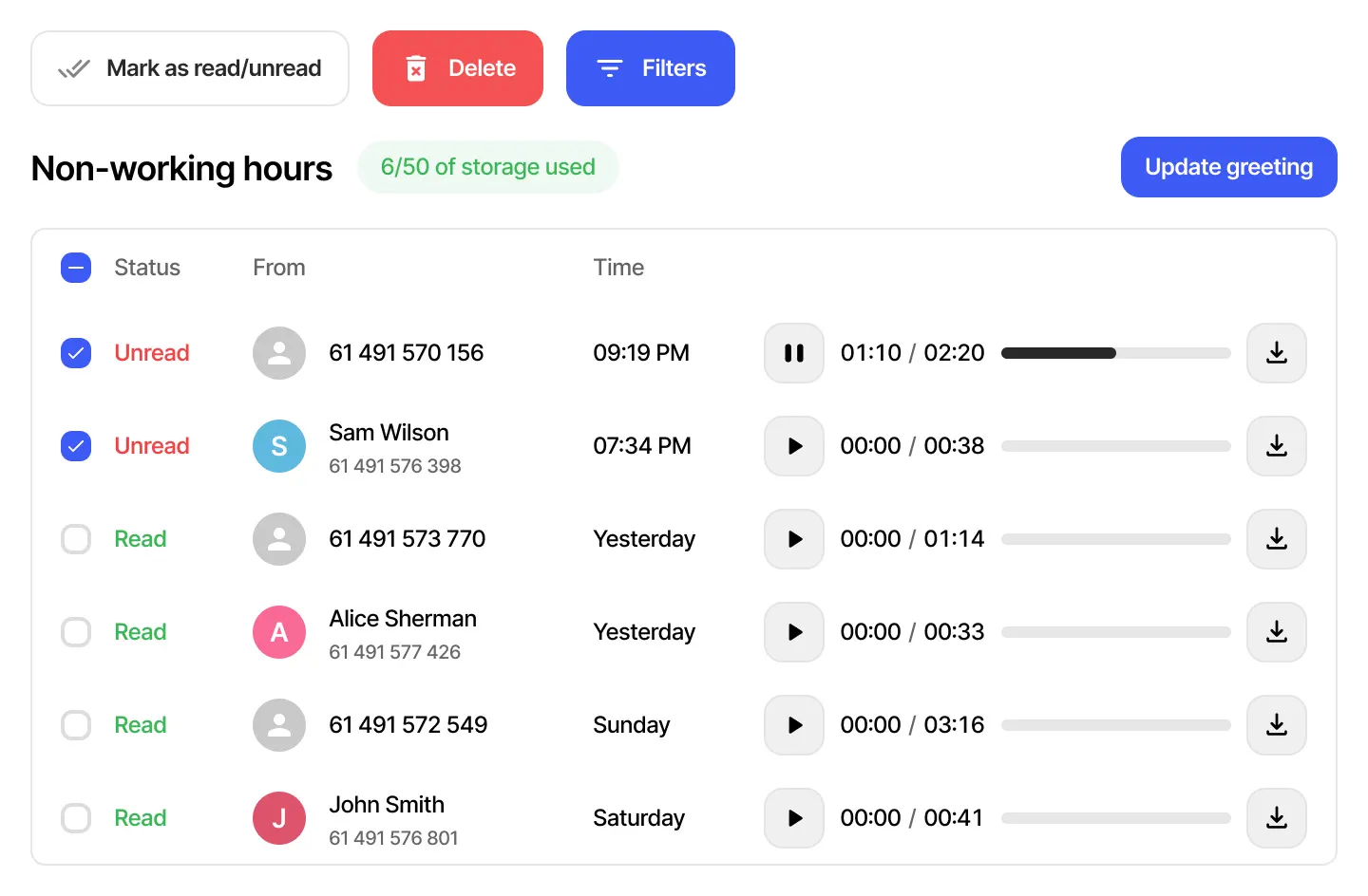 Webphone voicemail inbox with read and unread messages, playback controls and greeting settings