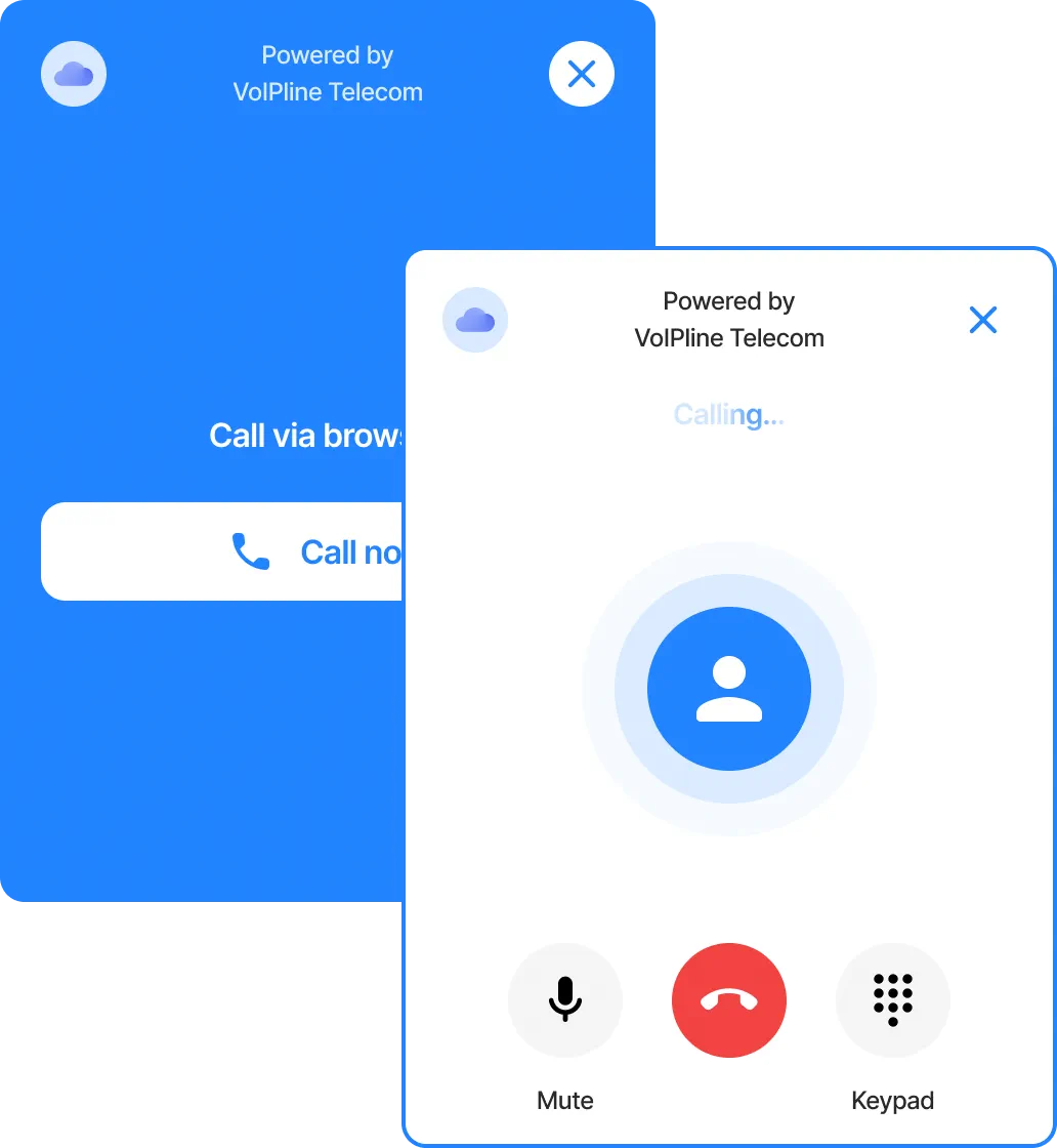 Browser call widget showing microphone mute, keypad and end-call controls