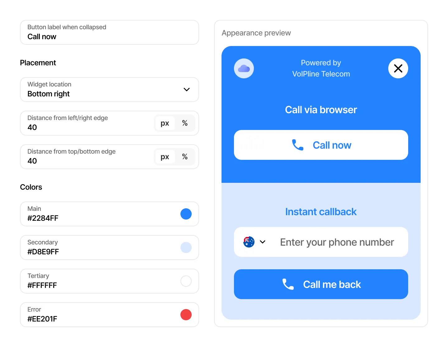 Website call widget settings for placement and colours with a live preview