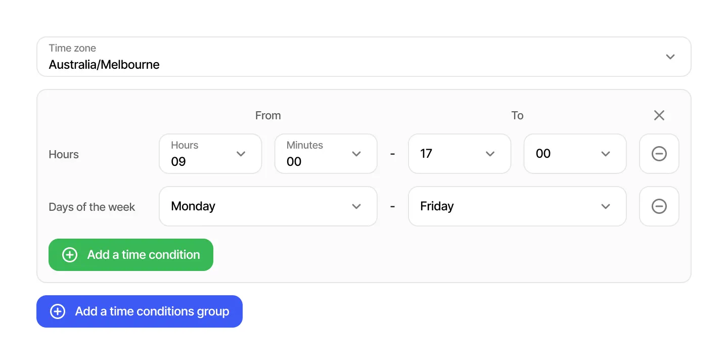 Website call widget schedule settings for time zone, operating hours and days of the week