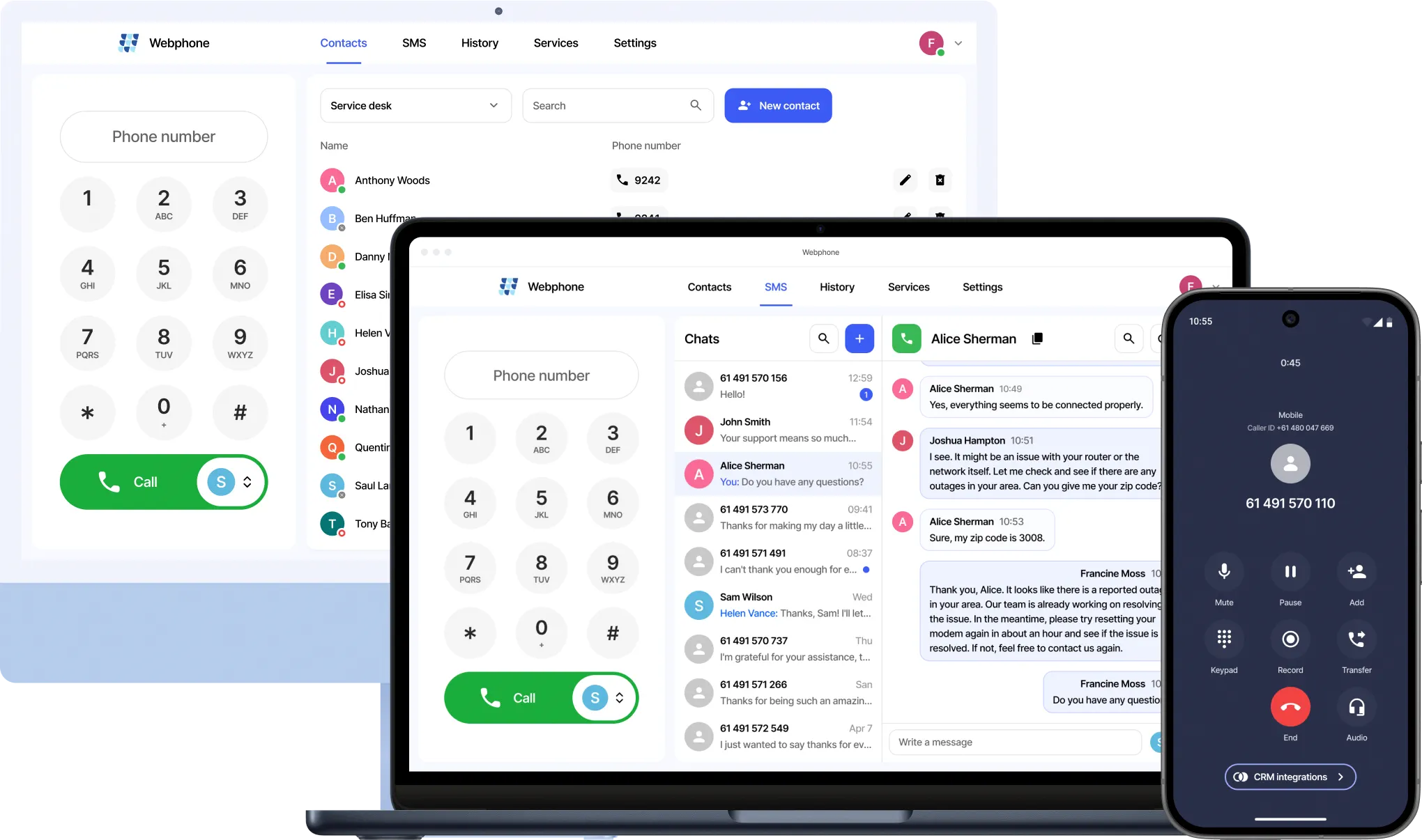 VoIPline Webphone for calls and messaging on a desktop computer, laptop and smartphone